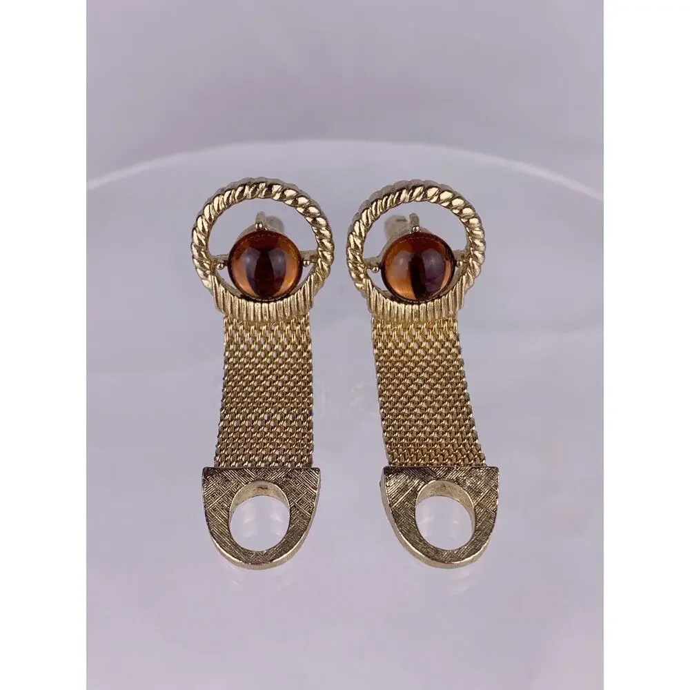 Amber Color Lucite Cufflinks & Tie Pin Gold Tone Wrap Acrylic Mid Century VTG K1